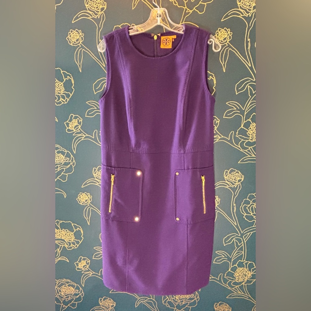 TORY BURCH purple PATCH POCKET gold accent SIZE 12 wool blend dress